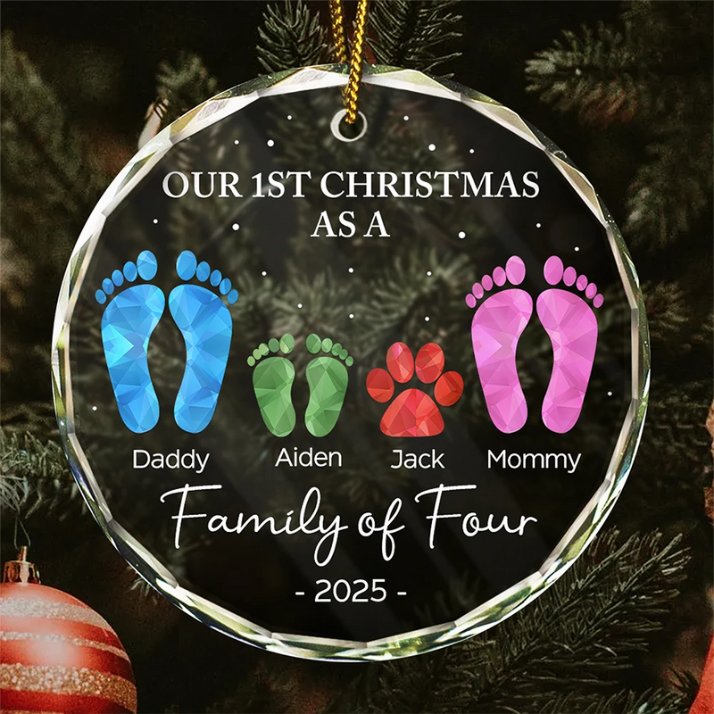 First Christmas As A Family Of Four Footprints - Personalized Crystal Ornament - Christmas Gift For Family