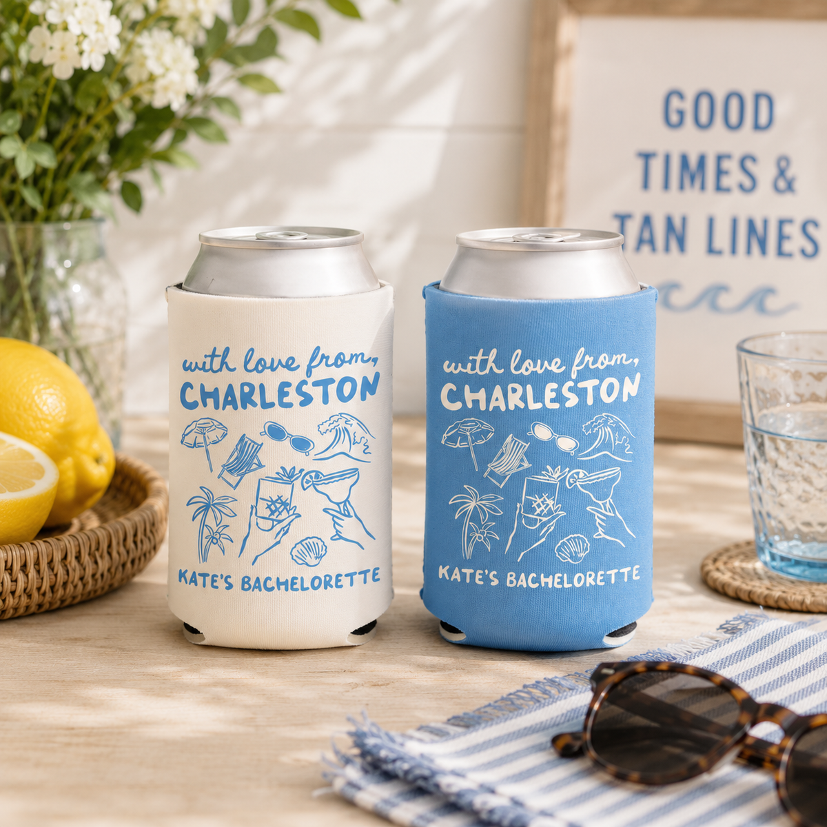 With Love From Charleston Bachelorette Can Cooler - Custom Beach Bachelorette Party Favors - Personalized Cozies in Regular and Slim Size