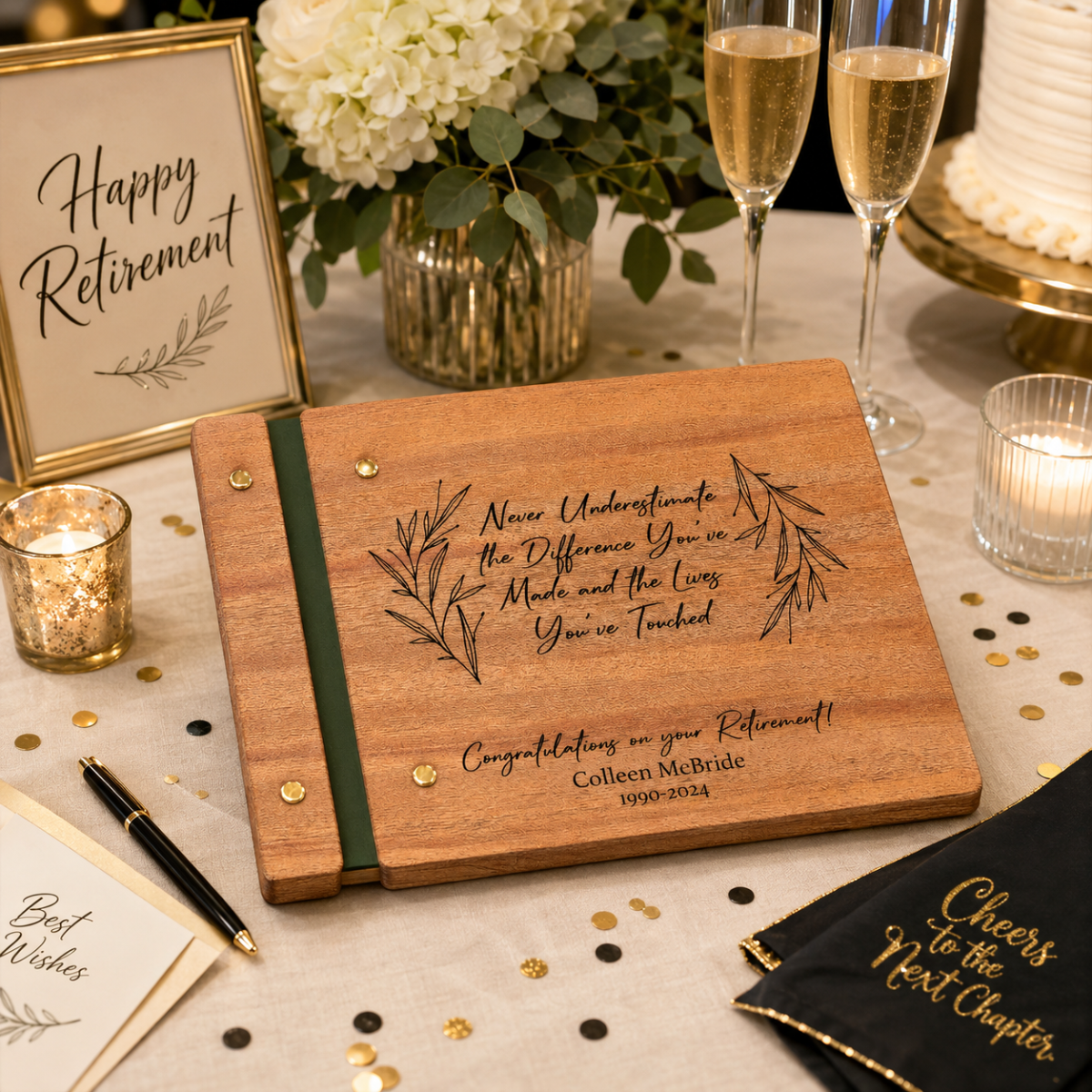 Custom Engraved Retirement Guestbook | Personalized Retirement Gift for Him & Her | Wooden Memory Book