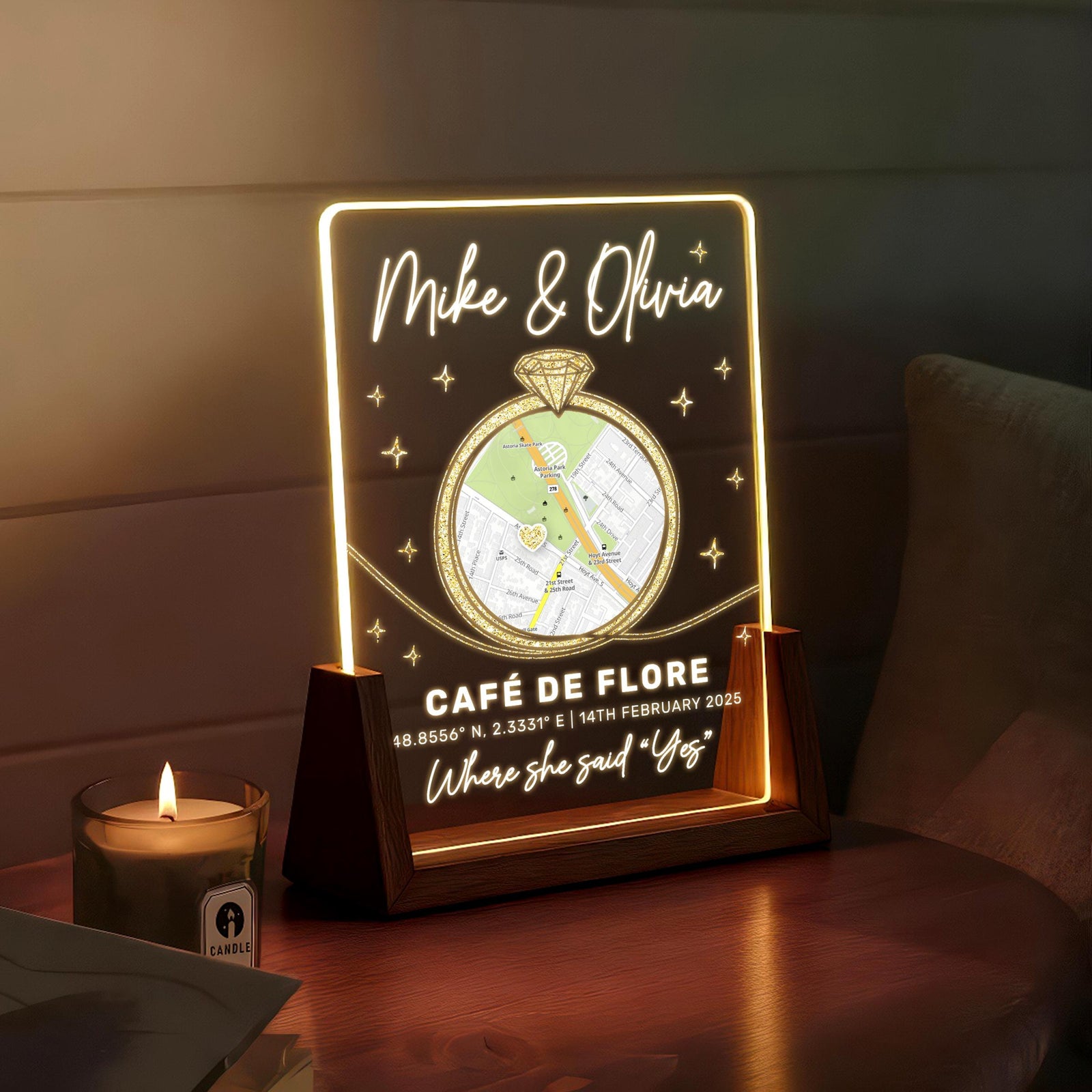 Engagement Map LED Acrylic Lamp, Personalized Proposal Location Light, Custom Coordinates Keepsake, Romantic Gift for Couple