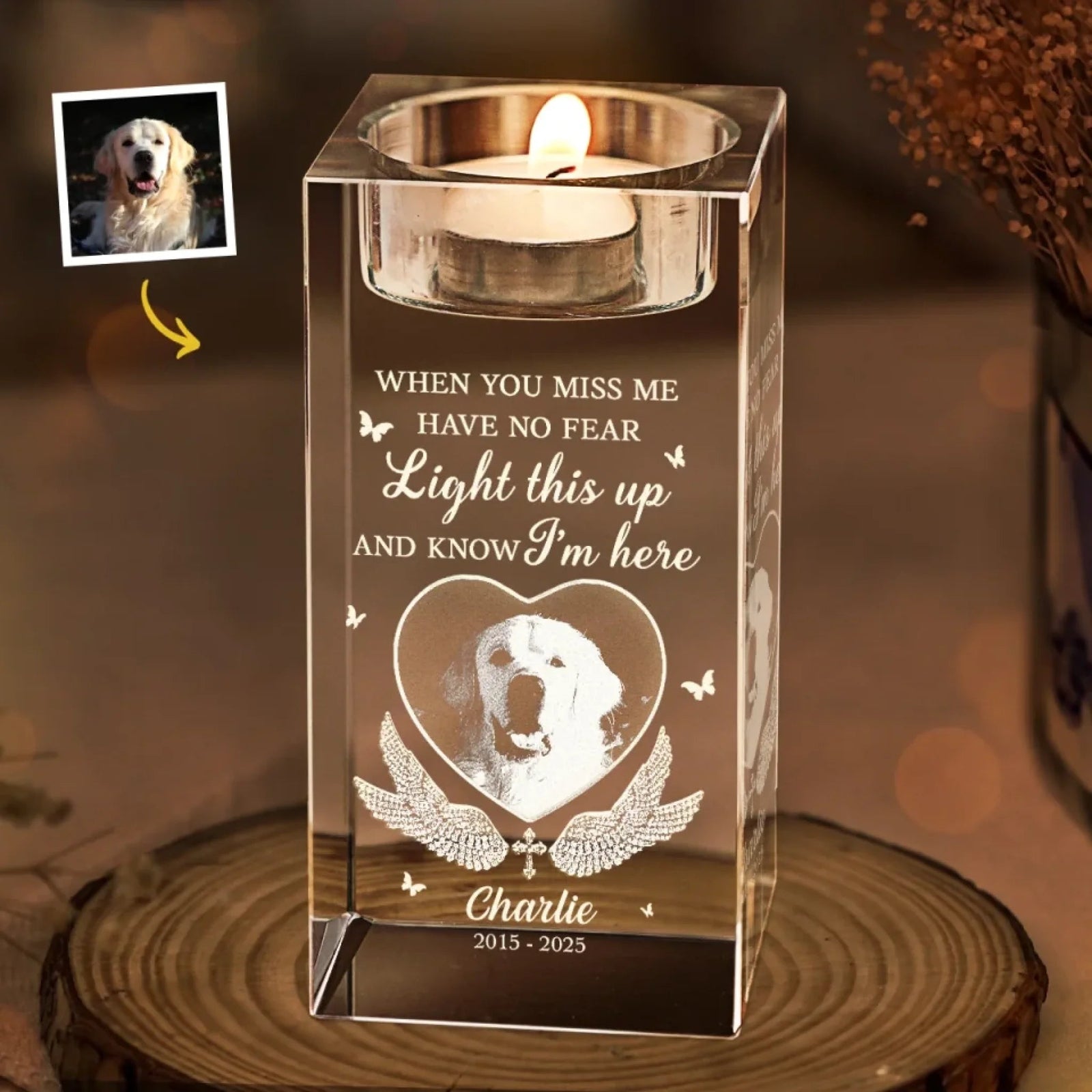 When You Miss Me Light This Up - Personalized Crystal Candle Holder - Pet Memorial
