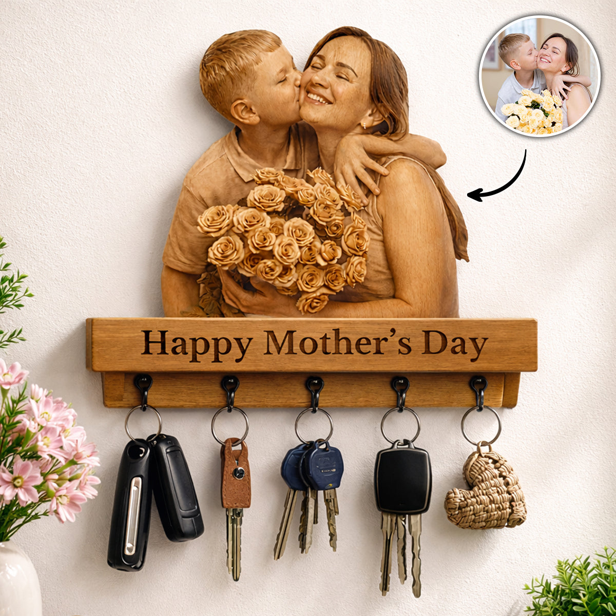 Custom 3D Wooden Family Portrait - Personalized Wooden Key Hanger