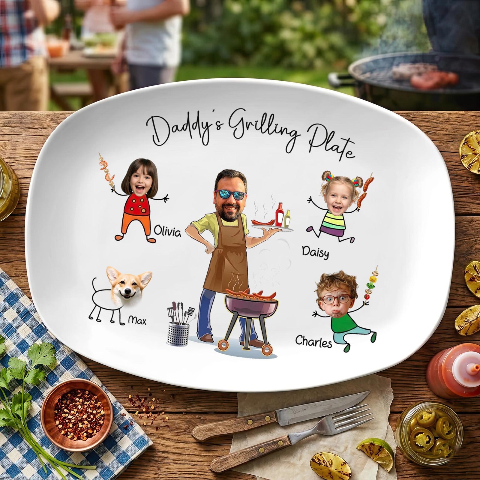Personalized Grilling Platter with Kids Faces, Custom BBQ Plate for Dad Father s Day Gift, Grilling With Daddy Plate