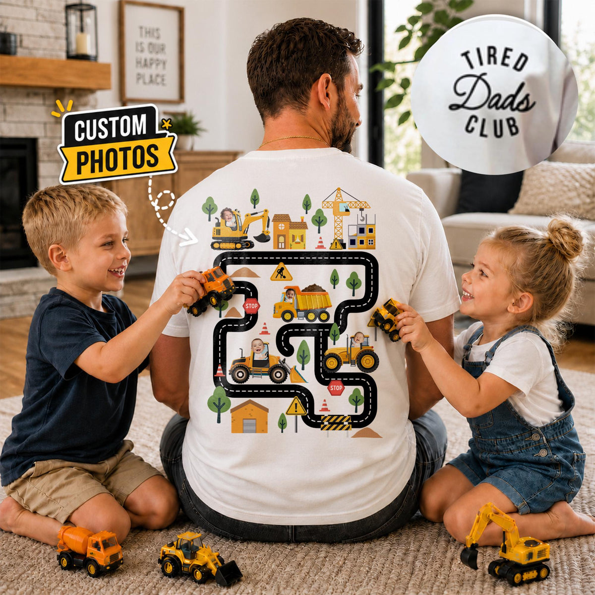 Personalized Tired Dad Club Construction Car Road Map Shirt, Custom Kids Face Dad Shirt, Gift For Dad From Son, Fathers Day Gift for Husband