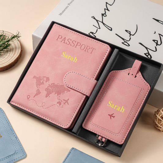 Personalized Passport Holder & Luggage Tag Set RFID Protection for Travelers, Custom Travel Gift