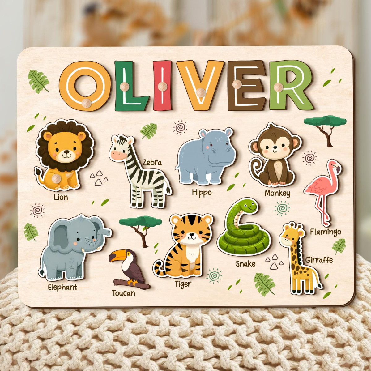 Safari Animal Name Puzzle for Kids, Personalized First Birthday Gift, Custom Toddler Wooden Puzzles, Unique New Baby Gift, Baby Shower Gift