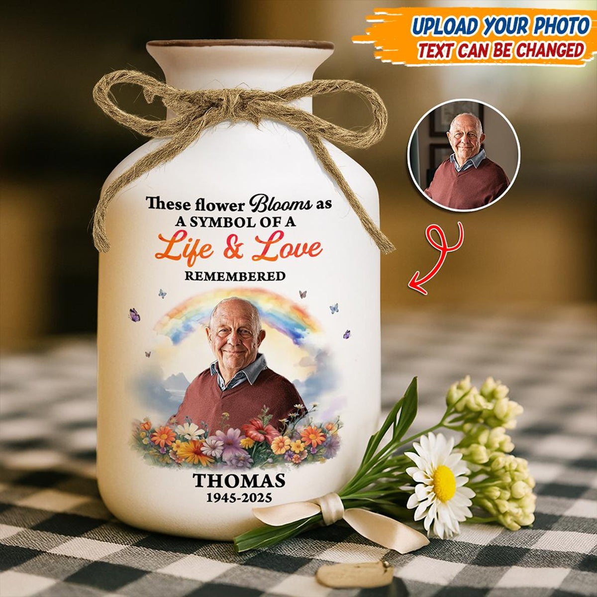 Rainbow Memorial Vase, Personalized Photo Vase, Sympathy Gift, In Loving Memory, Remembrance Gift for Loss of Loved One, Grief Gift