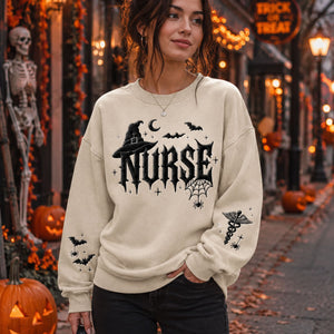 Embroidered Nurse Halloween Sweatshirt, Spooky Nurse Crewneck, Gothic Medical Shirt, Bat Spider Web Sleeve Embroidery, Nurse Gift