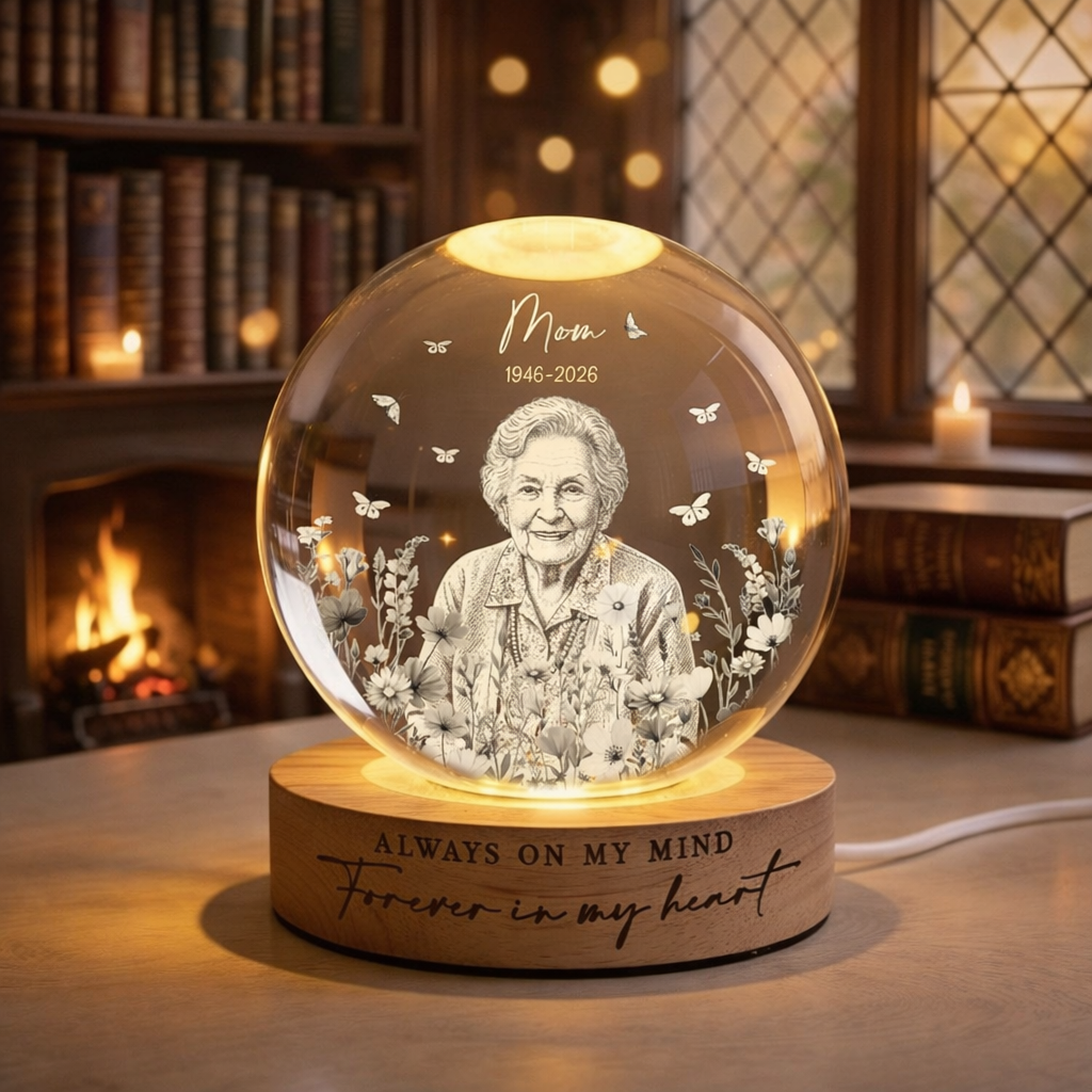 Custom Mom Memorial Crystal Ball Night Light, Engraved Photo Light Night, Loss of Mother Gift, Always On My Mind, Mothers Day Gift for Mom
