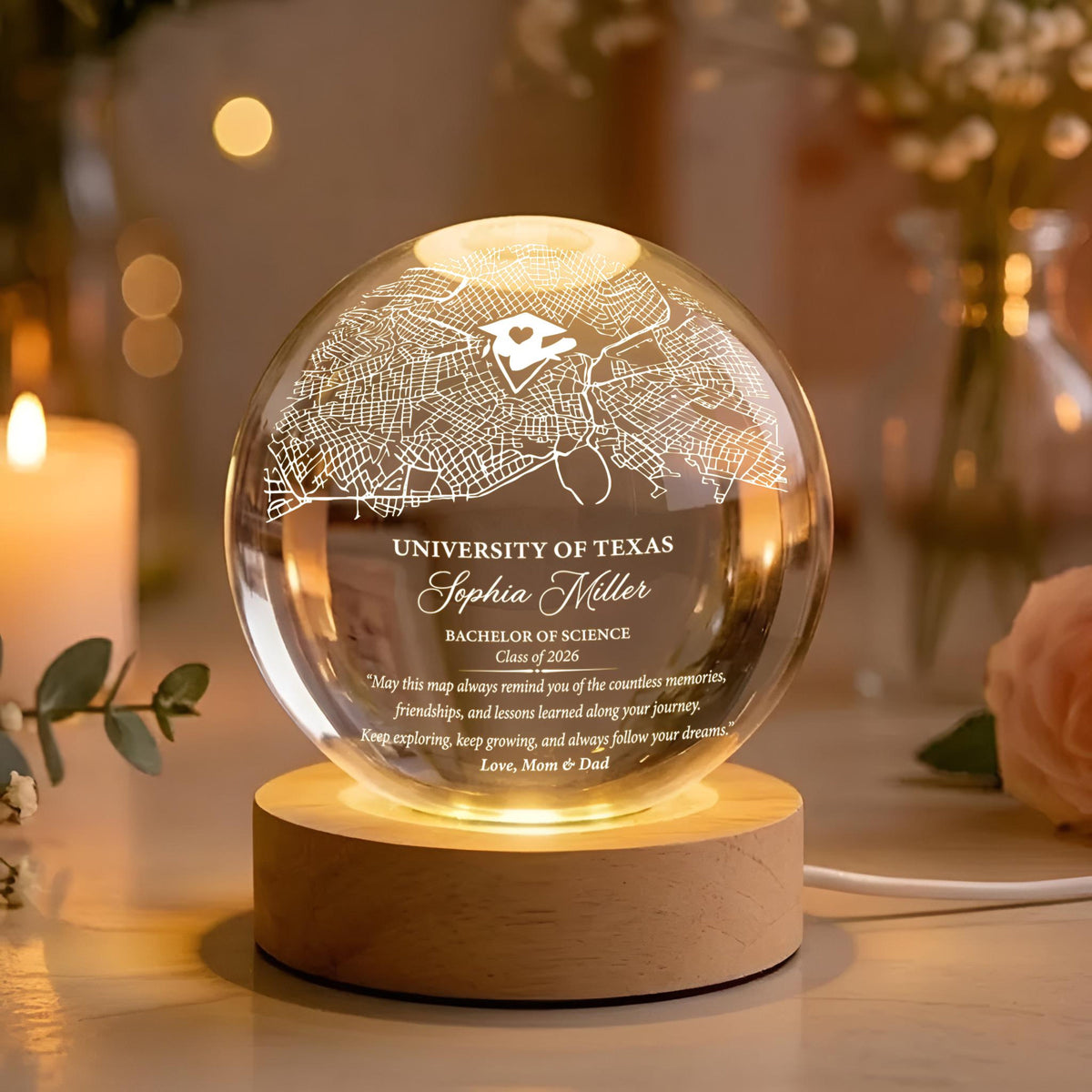 Personalized University Map Crystal Ball Night Light, Custom Graduation LED Lamp Class of 2026, College Grad Keepsake