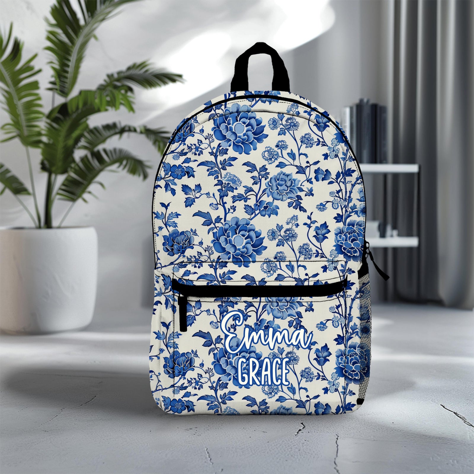 Custom Blue Chinoiserie Backpack, Floral Back To School Bookbag, Personalized Name Schoolbag