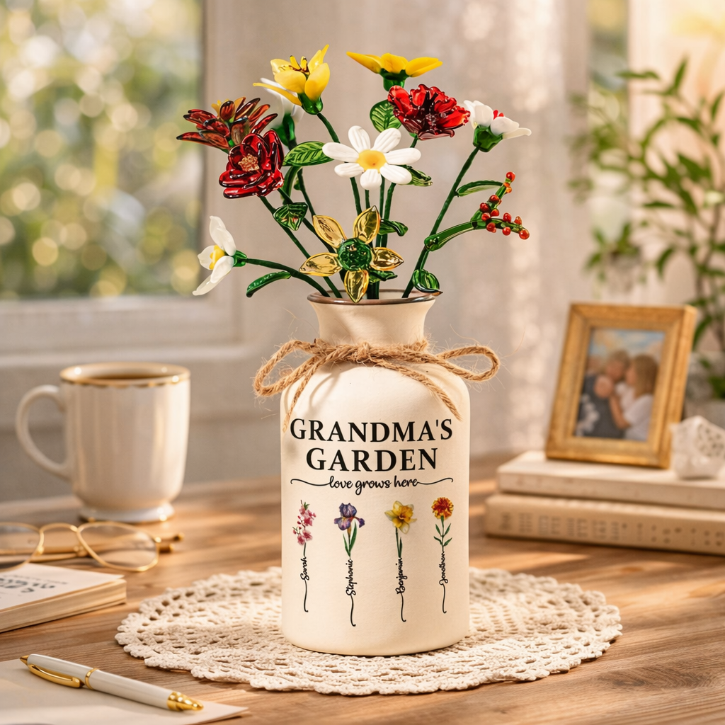 Grandma's Garden - Personalized Ceramic Vase With Glass Flower - Gift For Grandma Mom, Mother's Day Gift