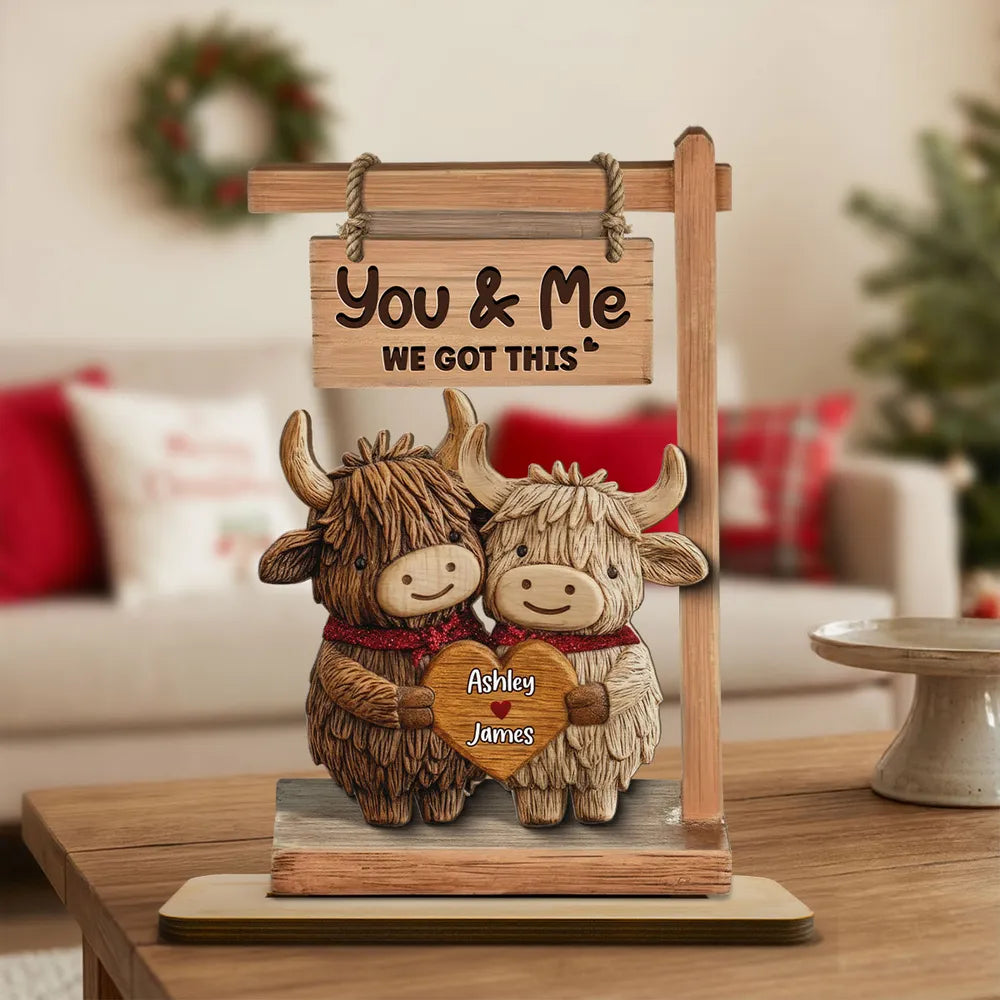 3D Effect Highland Cows Couple - Personalized Wooden Plaque - Gift For Him, Gift For Her