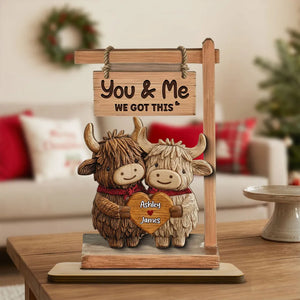 3D Effect Highland Cows Couple - Personalized Wooden Plaque - Gift For Him, Gift For Her
