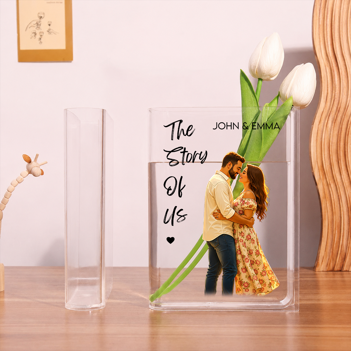 Anniversary Gifts - Custom Photo Couples Clear Acrylic Book Vase for Flowers, Transparent Flower Vase for Home Decor
