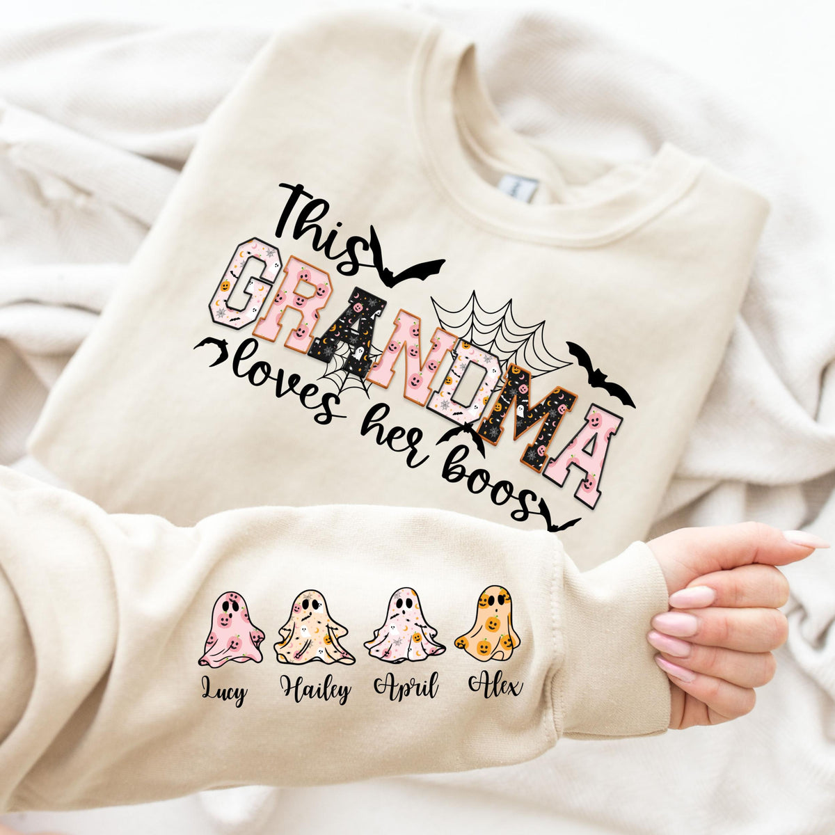 Custom Halloween This Grandma Loves Her Boos Sweatshirt, Cool Grandma Halloween Sweatshirt, Grandma Halloween Gift with Kids Name on Sleeve