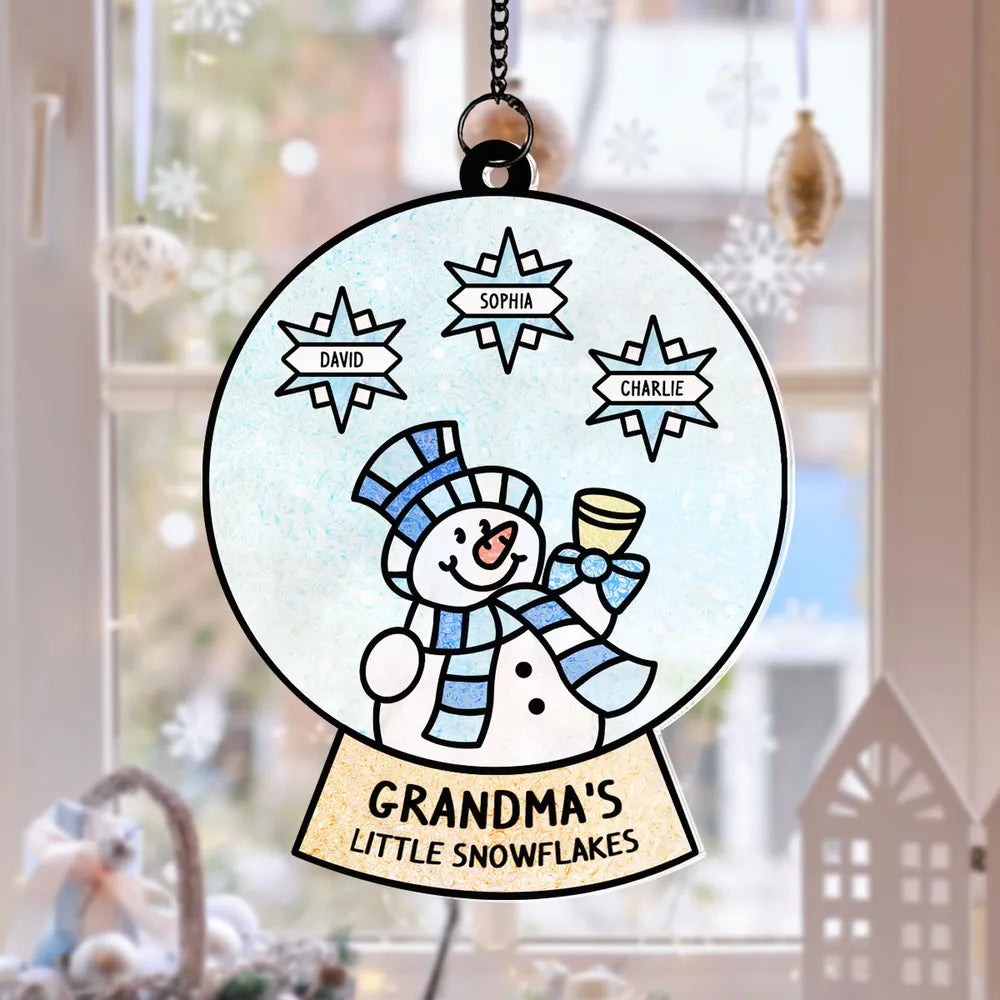 Grandma Grandchild Snowman Family Personalized Suncatcher, Christmas Stained Glass Decor For Mom & Grandma