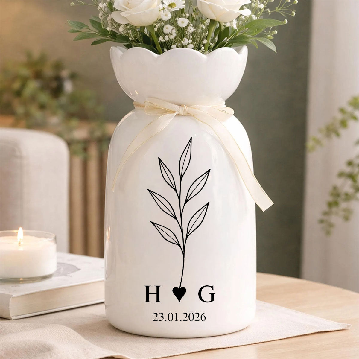 Custom Ceramic Anniversary Vase - Personalized Engagement Gift, Wedding Flower Pot for Couples, Anniversary