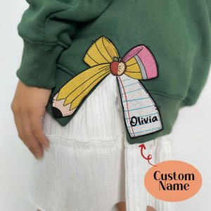 Custom Name Teacher Coquette Side Bows Cut-Out Sweatshirt, Plaid Christmas Embroidery Hoodie, School Coquette Bow, Pencil Side Bow Tshirt