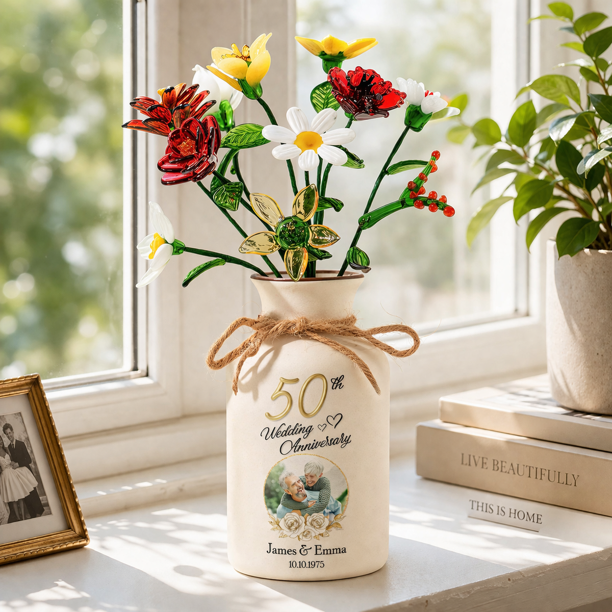 Wedding Anniversary Gift For Her - Personalized Photo Vase With Glass Birth Month Flowers - Anniversary Gift For Wife