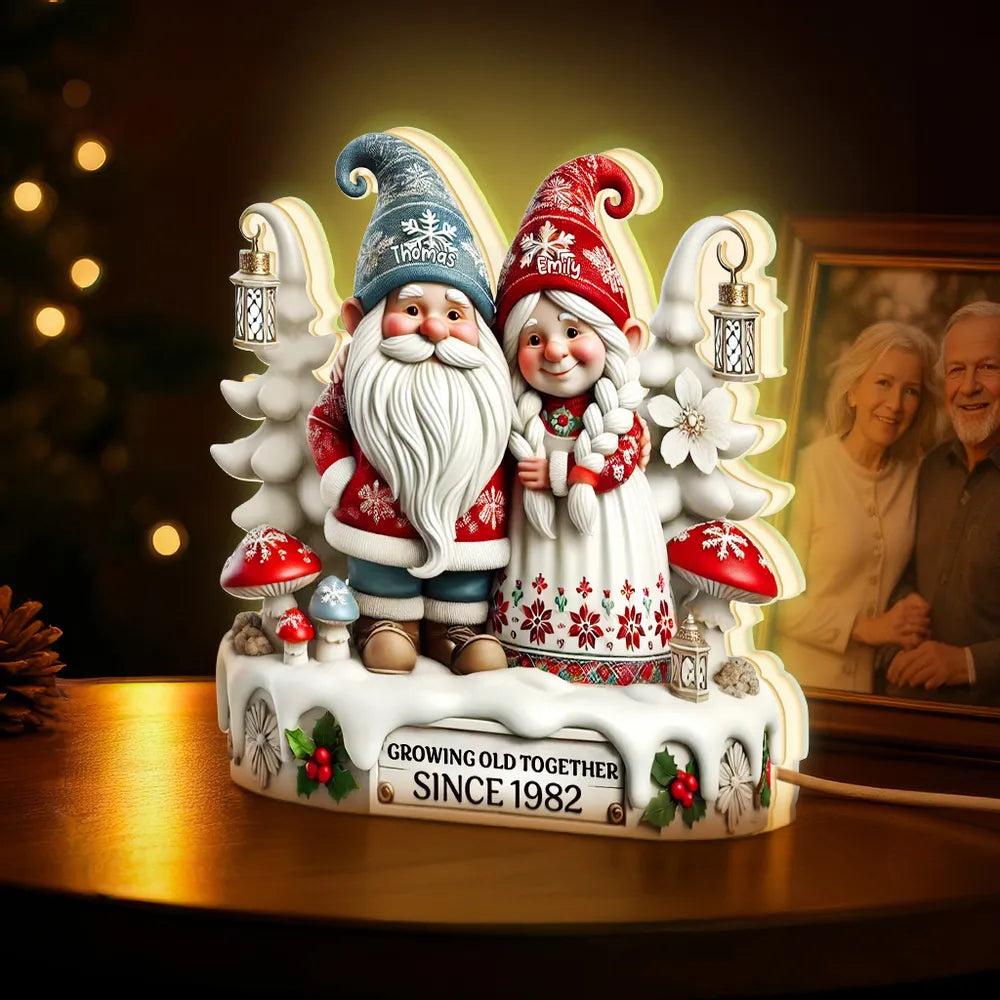 3D Effect Christmas Gnome Couple Growing Old Together - Personalized Acrylic Light Box - Christmas Gift For Couple