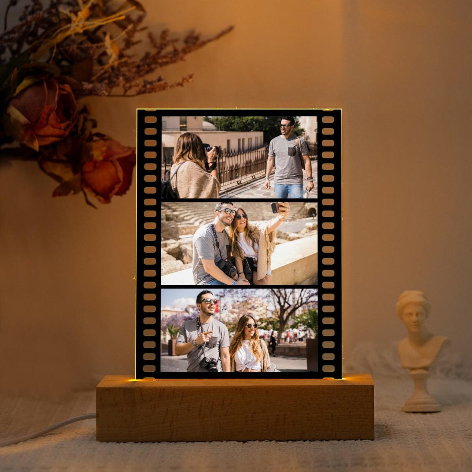 Couple Custom Photo Film Frame, Custom Photo LED Light Wooden Base, Photo Collage LED Light, Anniversary Gift, Wedding Gift, Birthday Gift