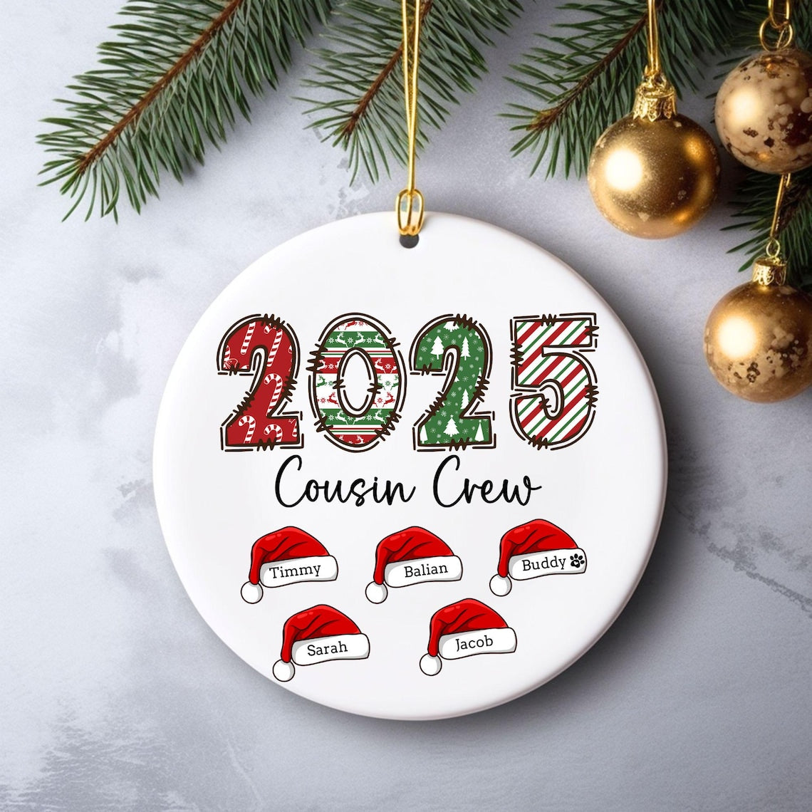 Cousin Family Ornament, Personalized Christmas Ornament, Family Christmas Gift, Custom Names Ornament, Santa Hat Ornament, Yearly Ornament