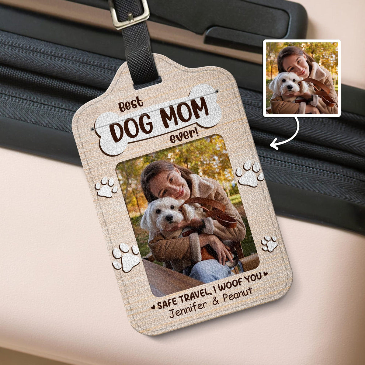 Personalized Dog Lover Leather Luggage Tag, Custom Photo & Name Engraved, Pet Travel Accessory, Gift for Dog Mom
