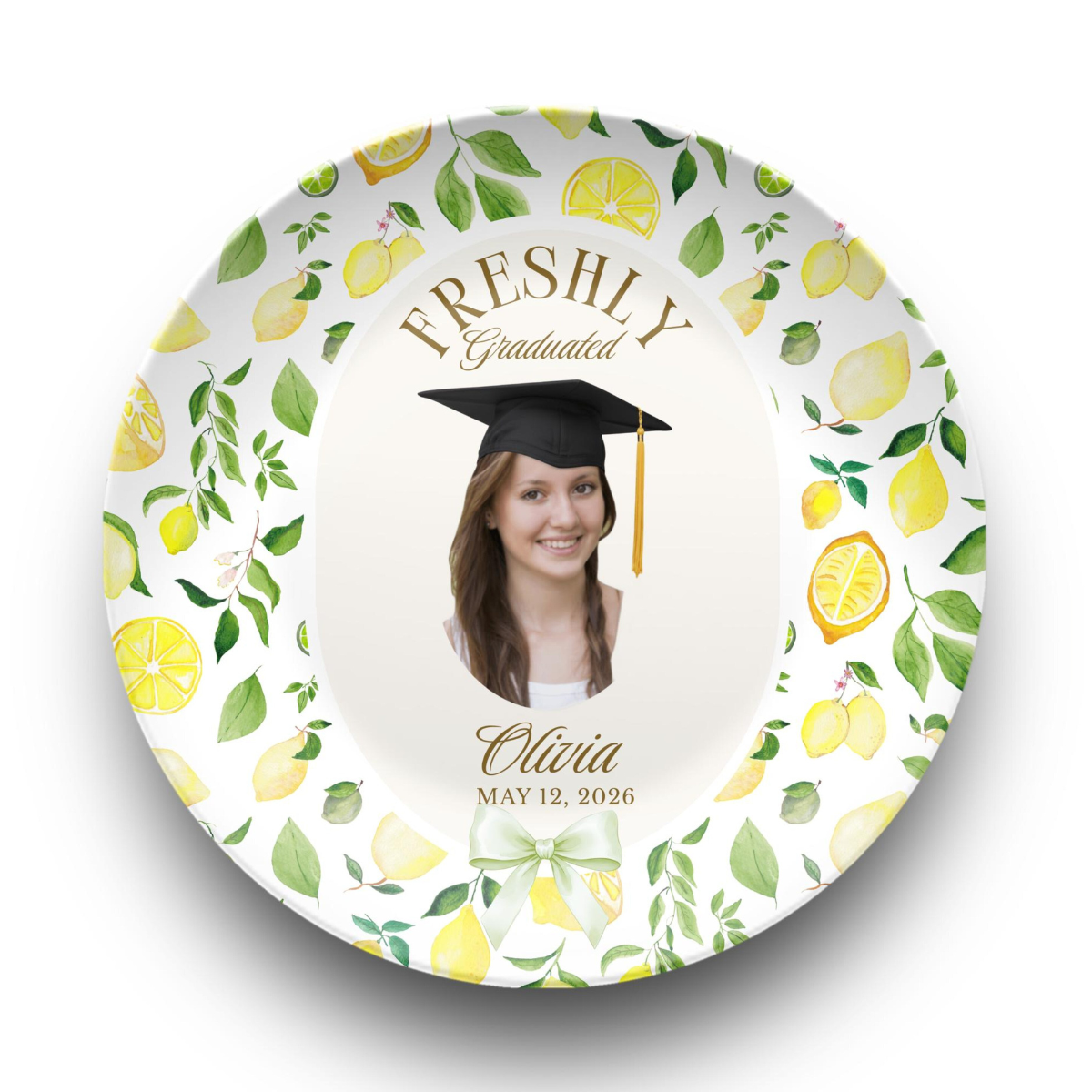Lemon Graduation Party Decor, Freshly Graduated Plate, Citrus Grad Party Plate Pastel Lemon Table Decor, Summer Graduation Photo Prop Cus