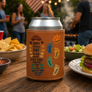 To My Amazing Stepdad - Personalized Leather Can Cooler - Gift For Bonus Dad, Father's Day Gift