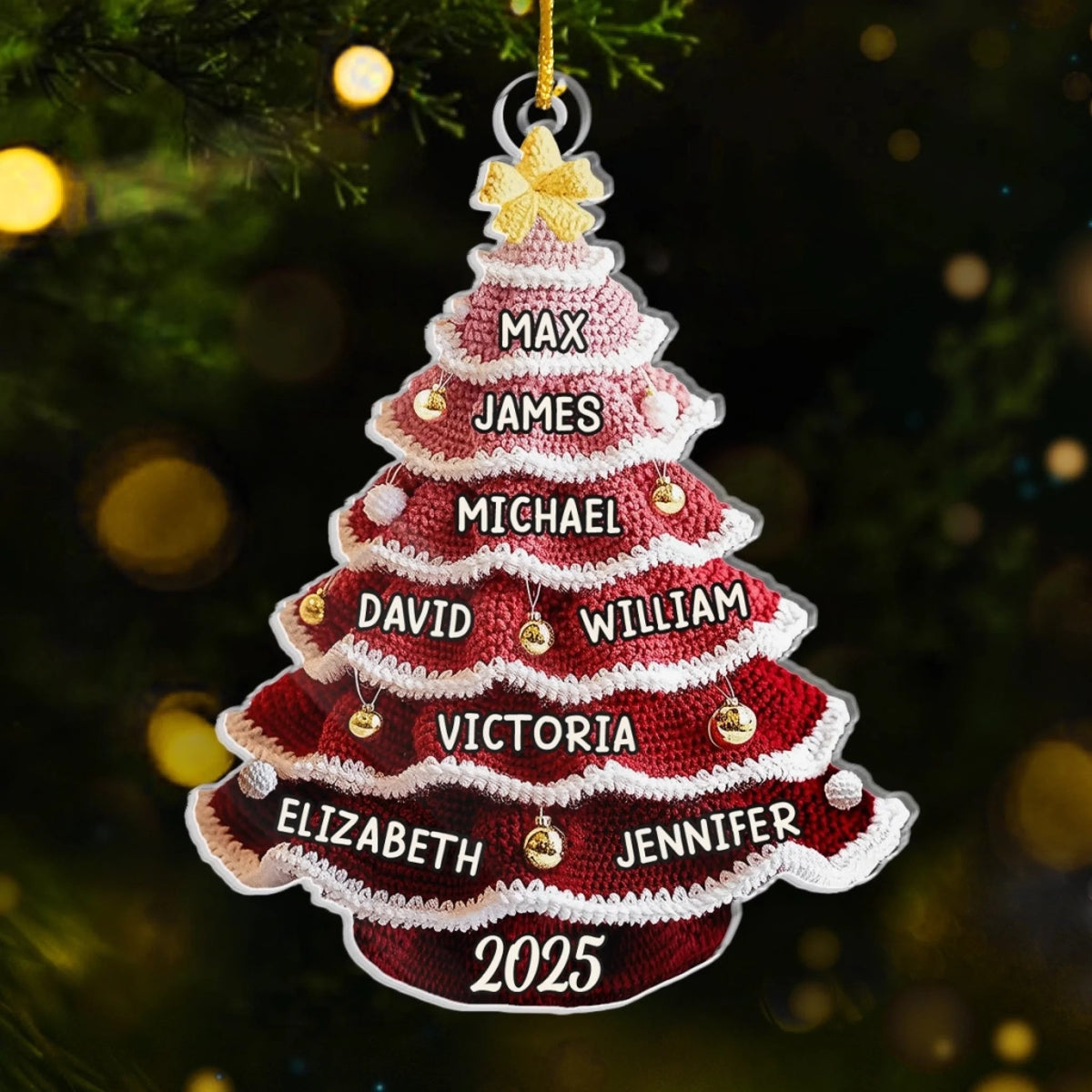 Crochet Christmas Tree Custom Family Names - Personalized 2D Flat Acrylic Ornament - Christmas Gift For Family