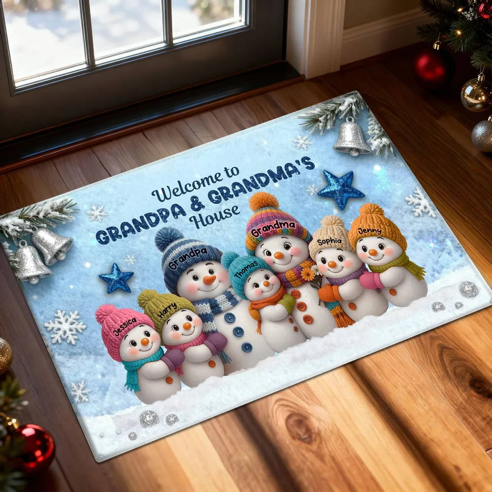 3D Effect Snowy Christmas Snowman Welcome To Grandma Grandpa House - Personalized Doormat - Christmas Gift For Grandma & Grandpa