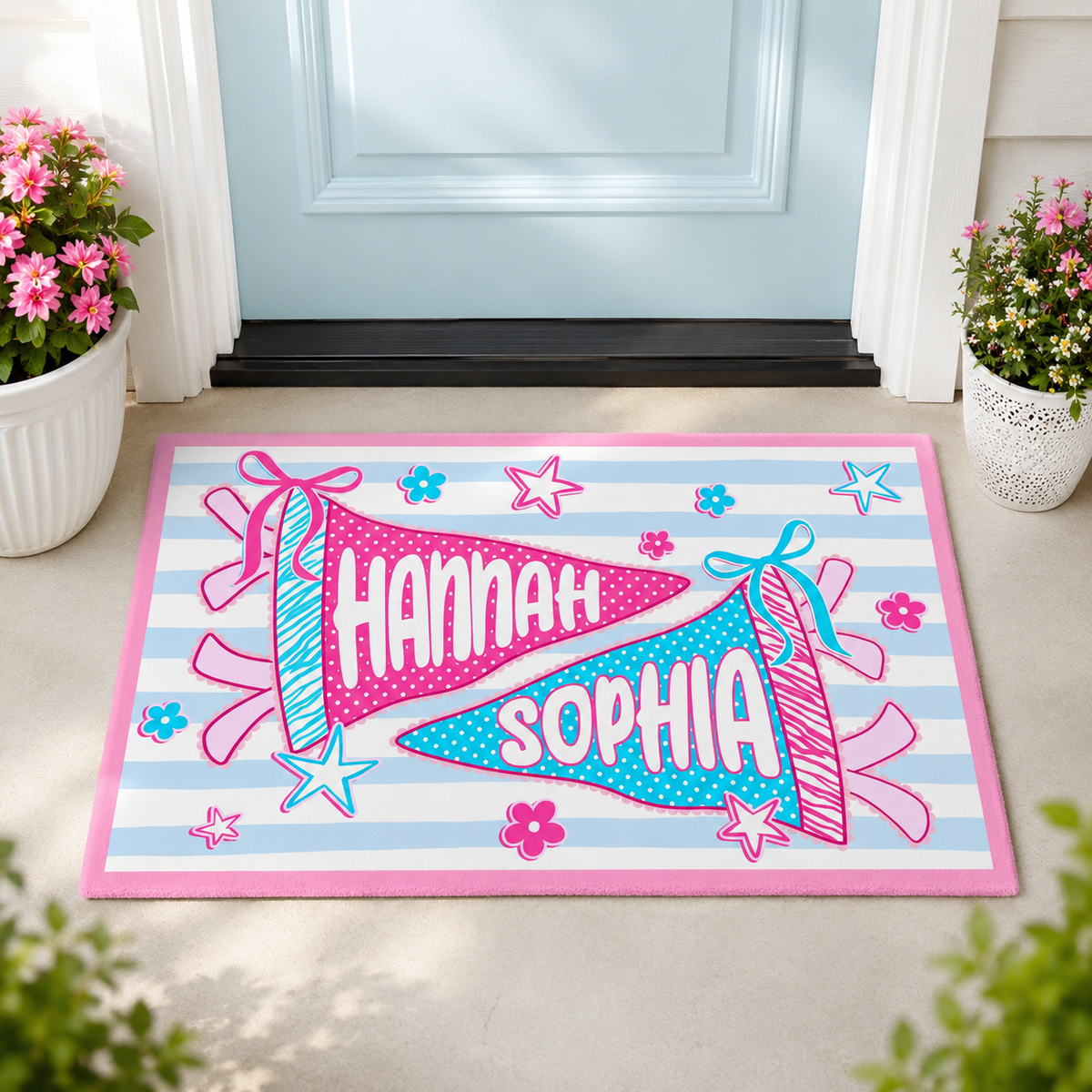Personalized Pennant Name Dorm Welcome Mat: Preppy Bow Dorm Decor For College Girl, Best Roommate Gift, Stripped Apartment Decor For Bestie
