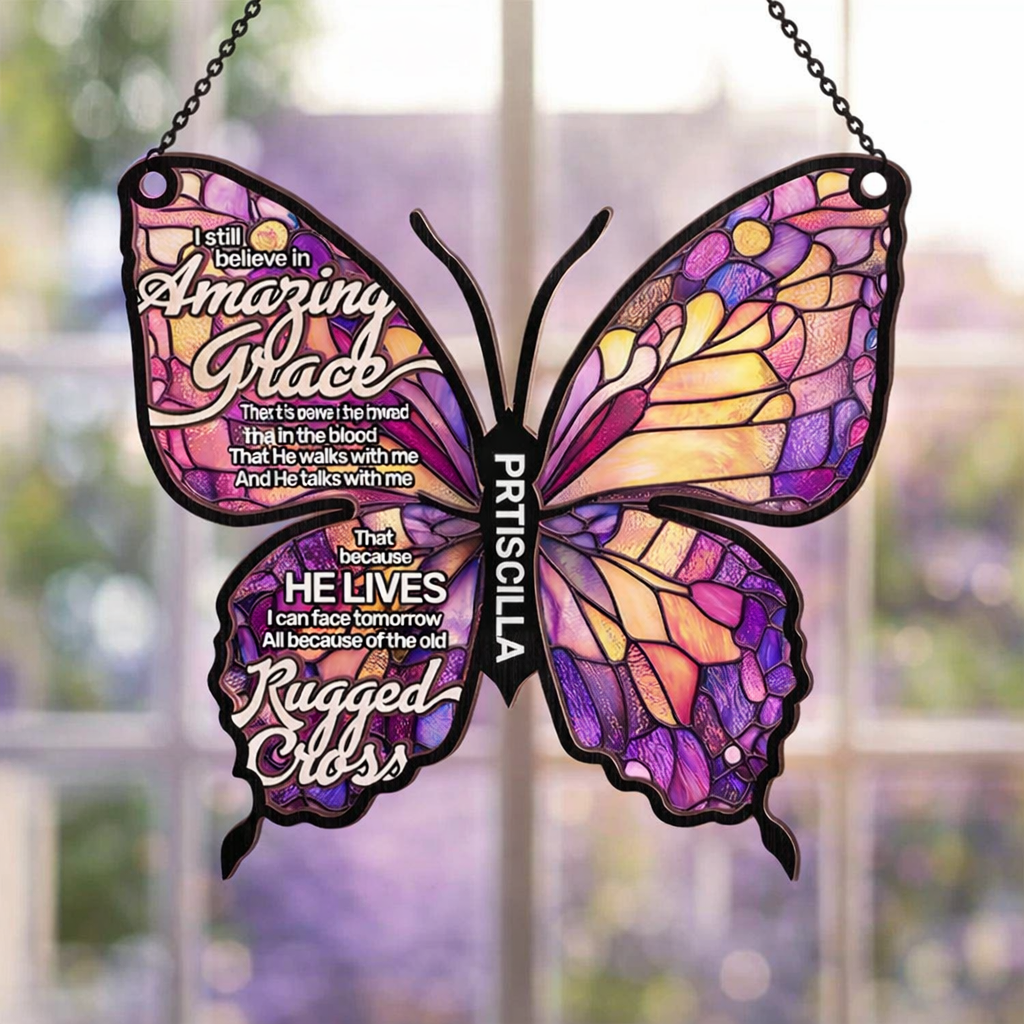 Amazing Grace Cross Butterfly - Personalized Suncatcher Ornament - Christian Gift