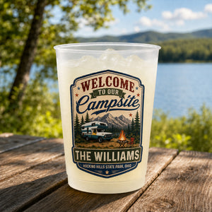 Welcome To Our Campsite - Personalized Frosted Plastic Cup - Gift For Family, Camping Drinking Accessory, Outdoor Cups