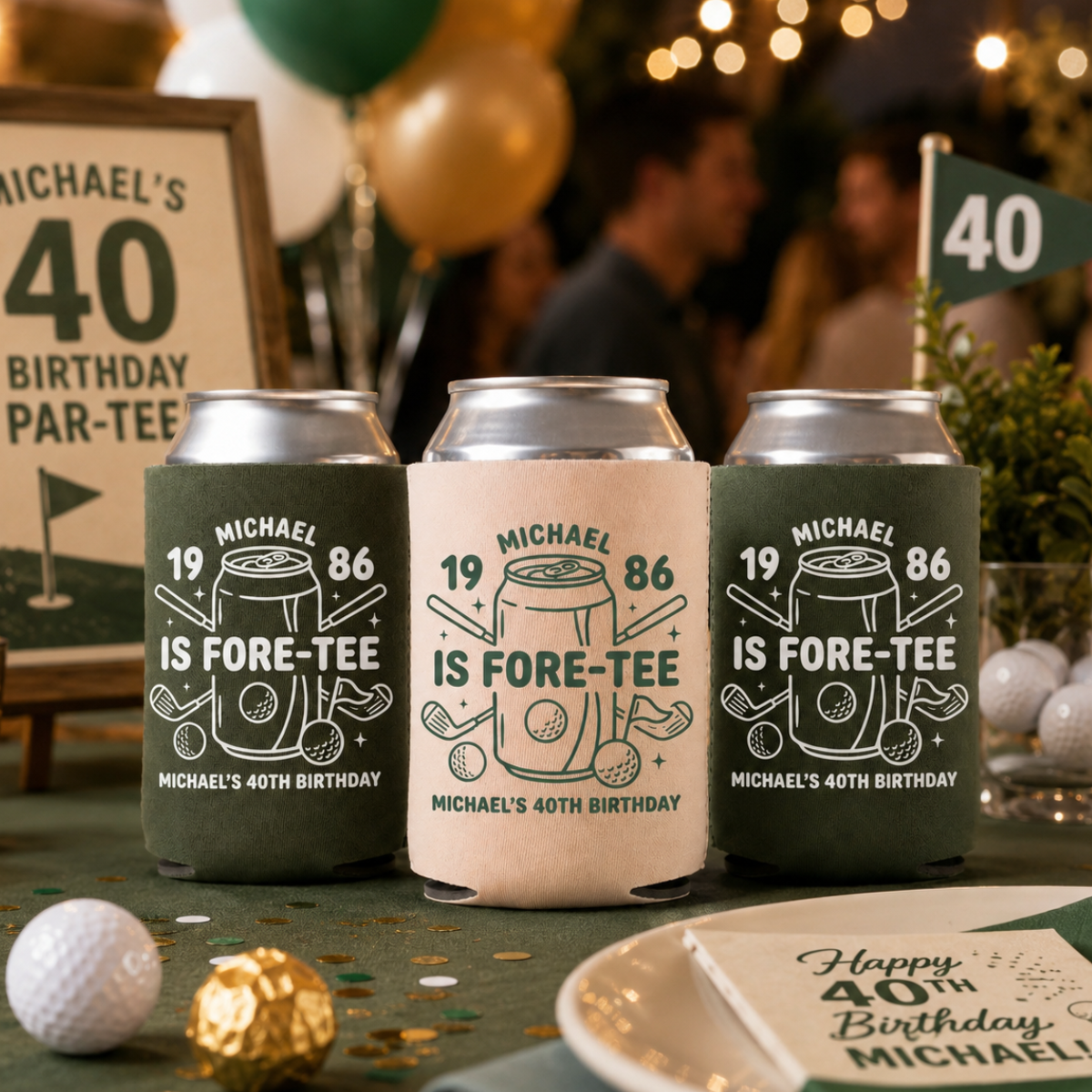 Fore-Tee Birthday Can Cooler, Golf Birthday Party Favors, Personalized Drink Sleeves