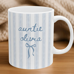 Custom Name Auntie Mug: Baby Announcement Striped Coffee Cup for New Aunt, Personalized New Aunt Gift, Aunt Birthday Gift, Pregnancy Reveal