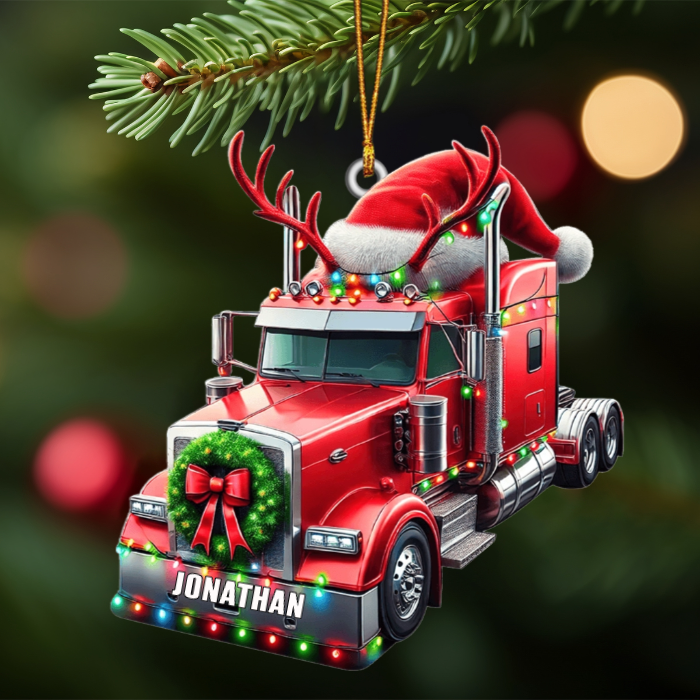 Custom Name Semi Truck With Santa Hat Personalized Shaped Christmas Ornament, Gift For Truckers