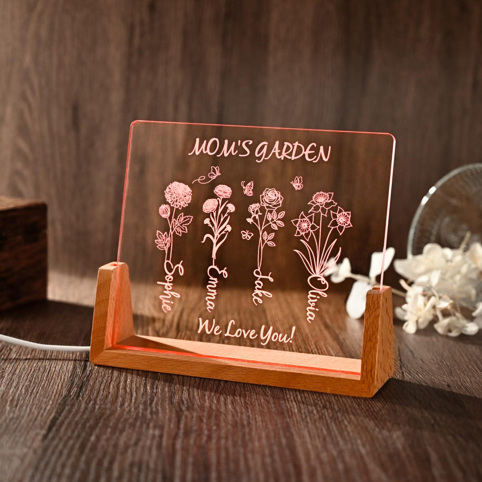Personalized Mom Grandmas Garden Birth Flower LED Night Light, Grandma Gift, Custom Mothers Day Gift, Anniversary Moms Garden Flower Gift