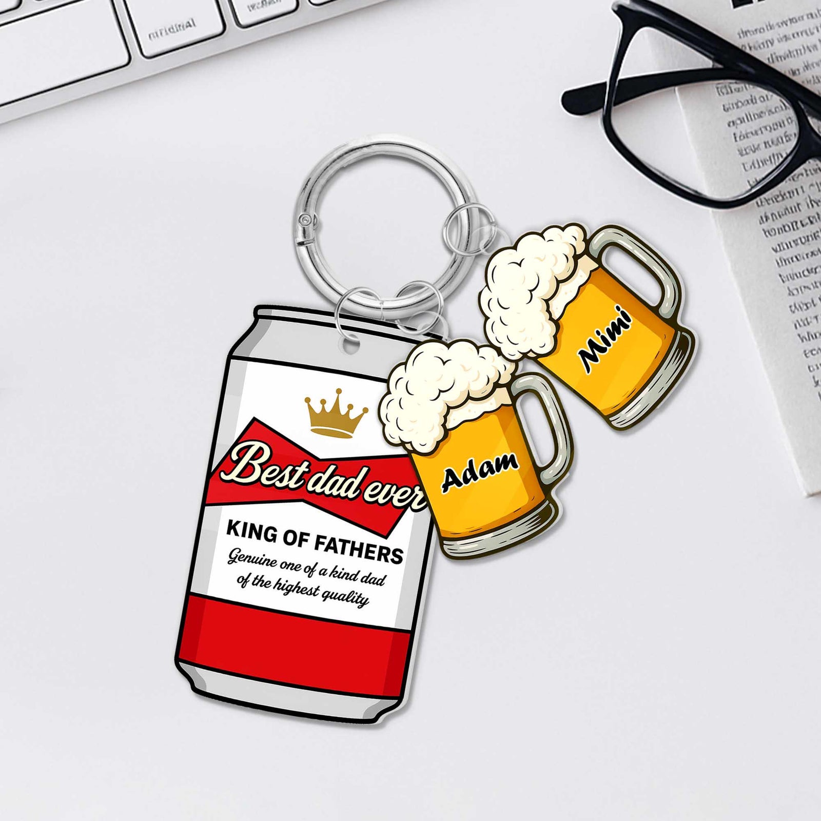Best Dad Ever Beer Keychain Personalized Can & Mug Gift with Kids Names, Funny Custom Father s Day Keyring for Cool Beer-Loving Dads
