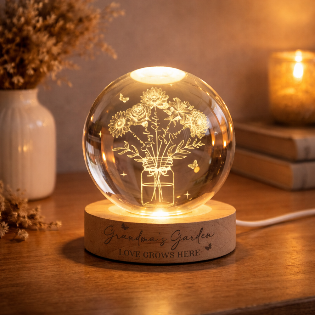 Personalized Grandma's Garden Crystal Ball Night Light, Birth Month Flower Lamp, Grandma Mother's Day Gift, Gift from Kids