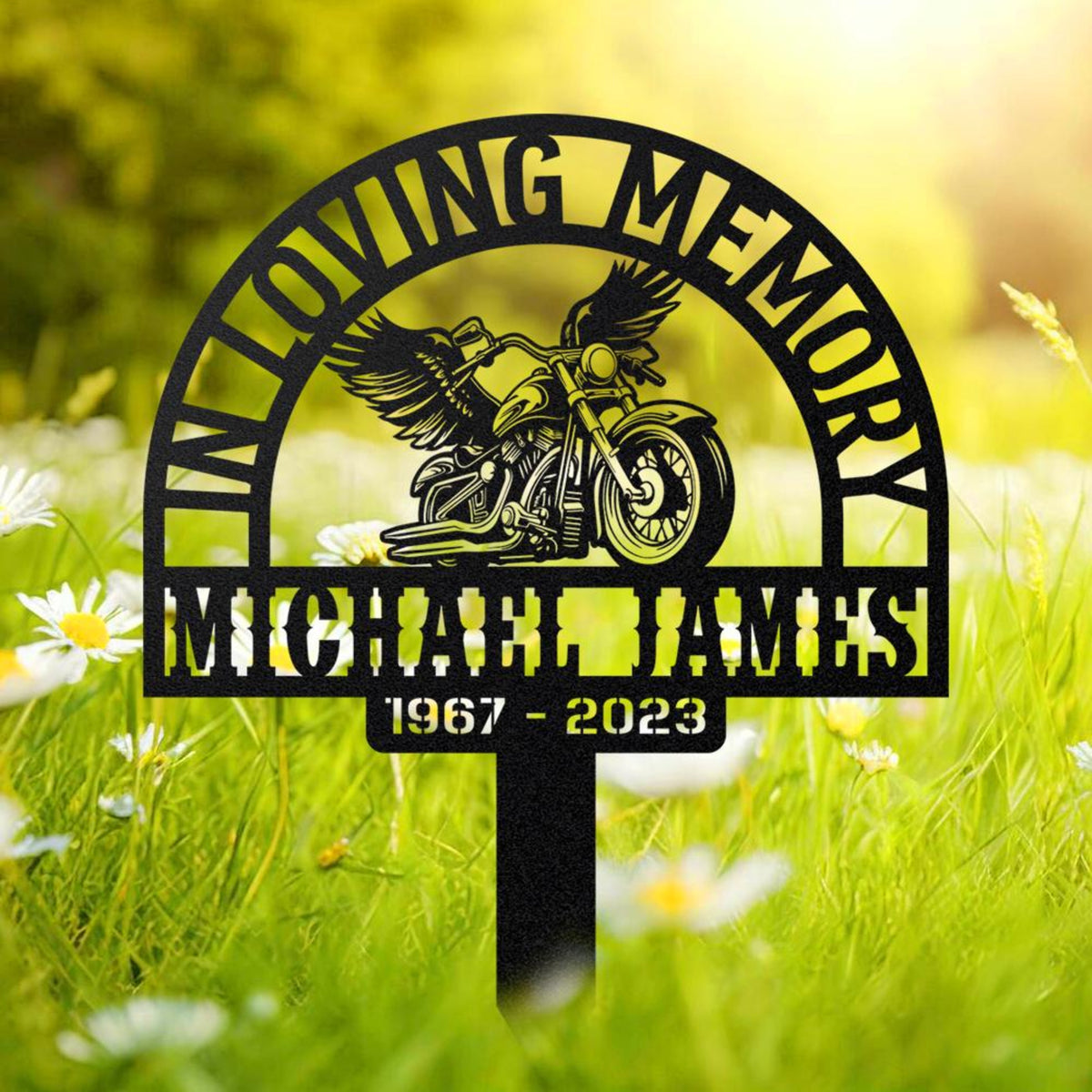 Custom Biker Memorial Stake, Rider Memorial Metal Stake, Motorcycle with Wings, Biker Name Sign, Loss of Loved One, Grave Marker Biker loss