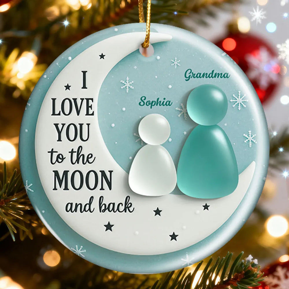3D Sea Glass Effect Grandma And Grandkid On Moon - Personalized Ornament - Christmas Gift For Mom, Grandma