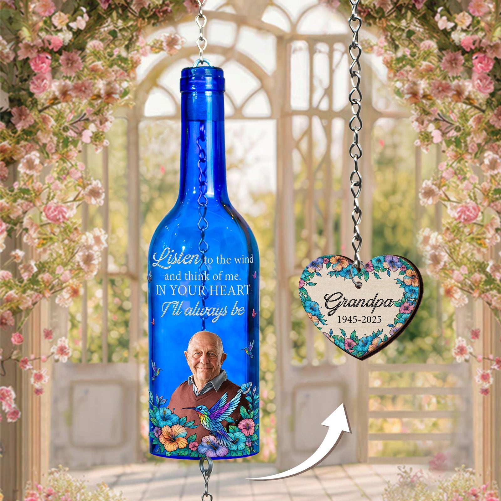 Listen To The Wind And Think Of Me - Personalized Wine Bottle Wind Chime - Memorial Gift