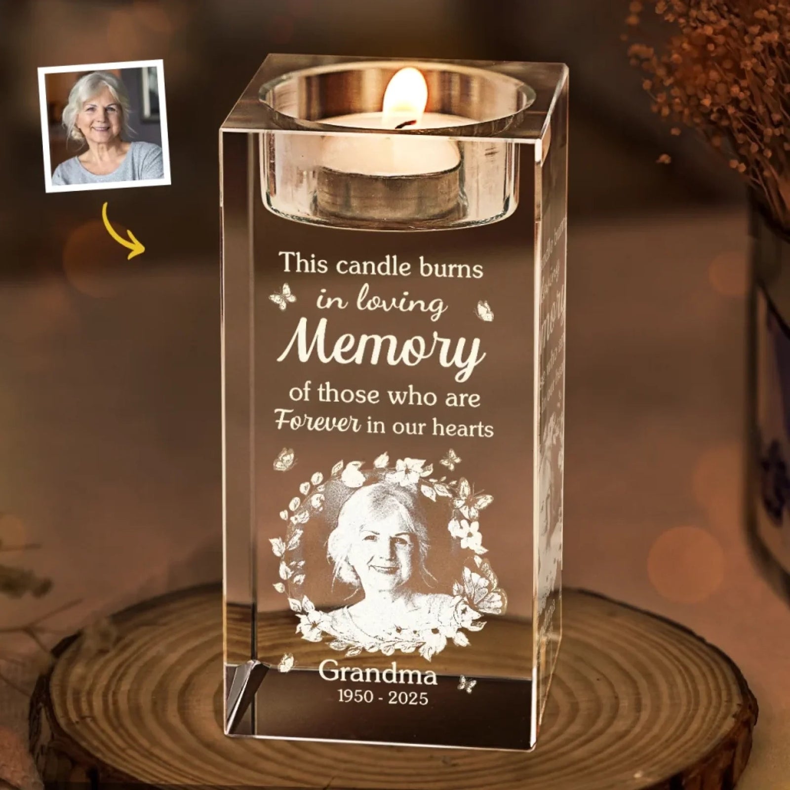 This Candle Burns In Loving Memory Memorial Photo - Personalized Crystal Candle Holder - Memorial Gift For Family