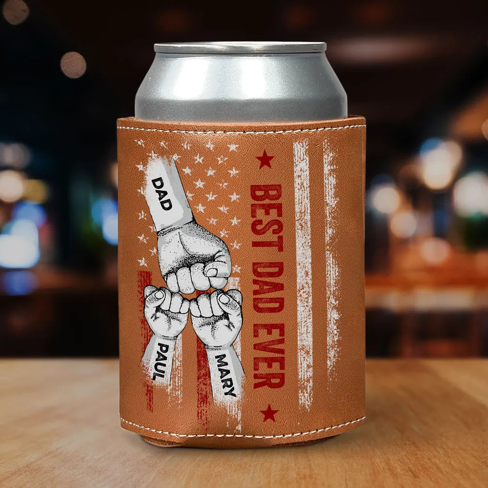 Best Dad Ever Dad & Kid Fist Bump - Personalized Leather Can Cooler - Gift For Dad, Grandpa, Father's Day