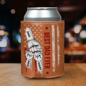 Best Dad Ever Dad & Kid Fist Bump - Personalized Leather Can Cooler - Gift For Dad, Grandpa, Father's Day