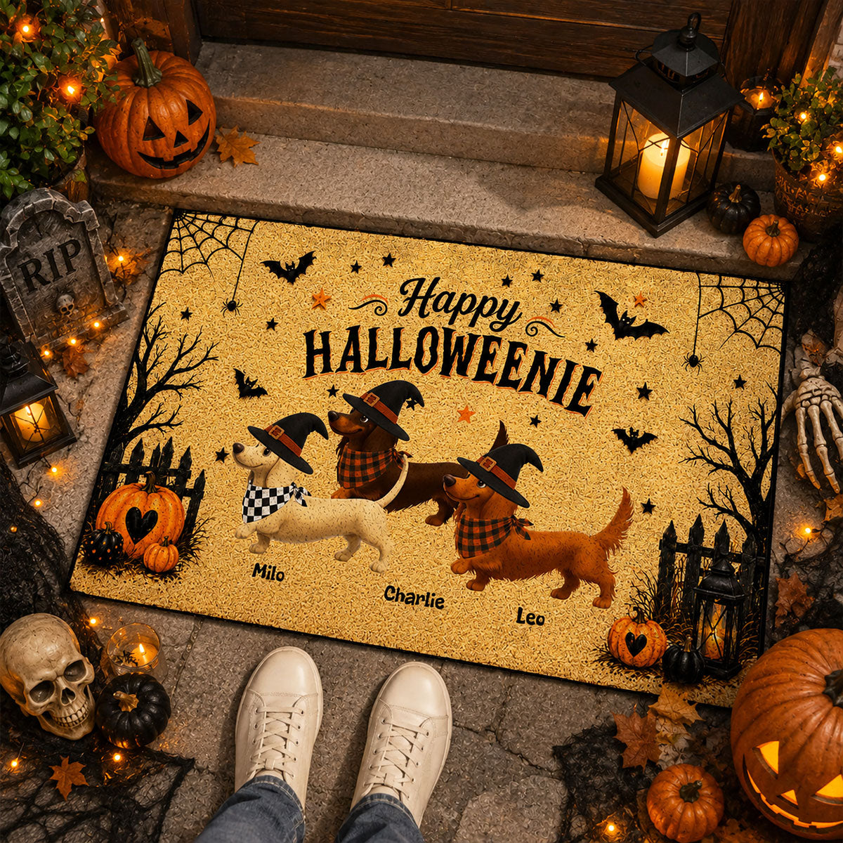 Halloween Dachshund Happy Halloweenie - Personalized Doormat - Halloween Decorations For Dachshund Lovers
