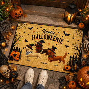 Halloween Dachshund Happy Halloweenie - Personalized Doormat - Halloween Decorations For Dachshund Lovers