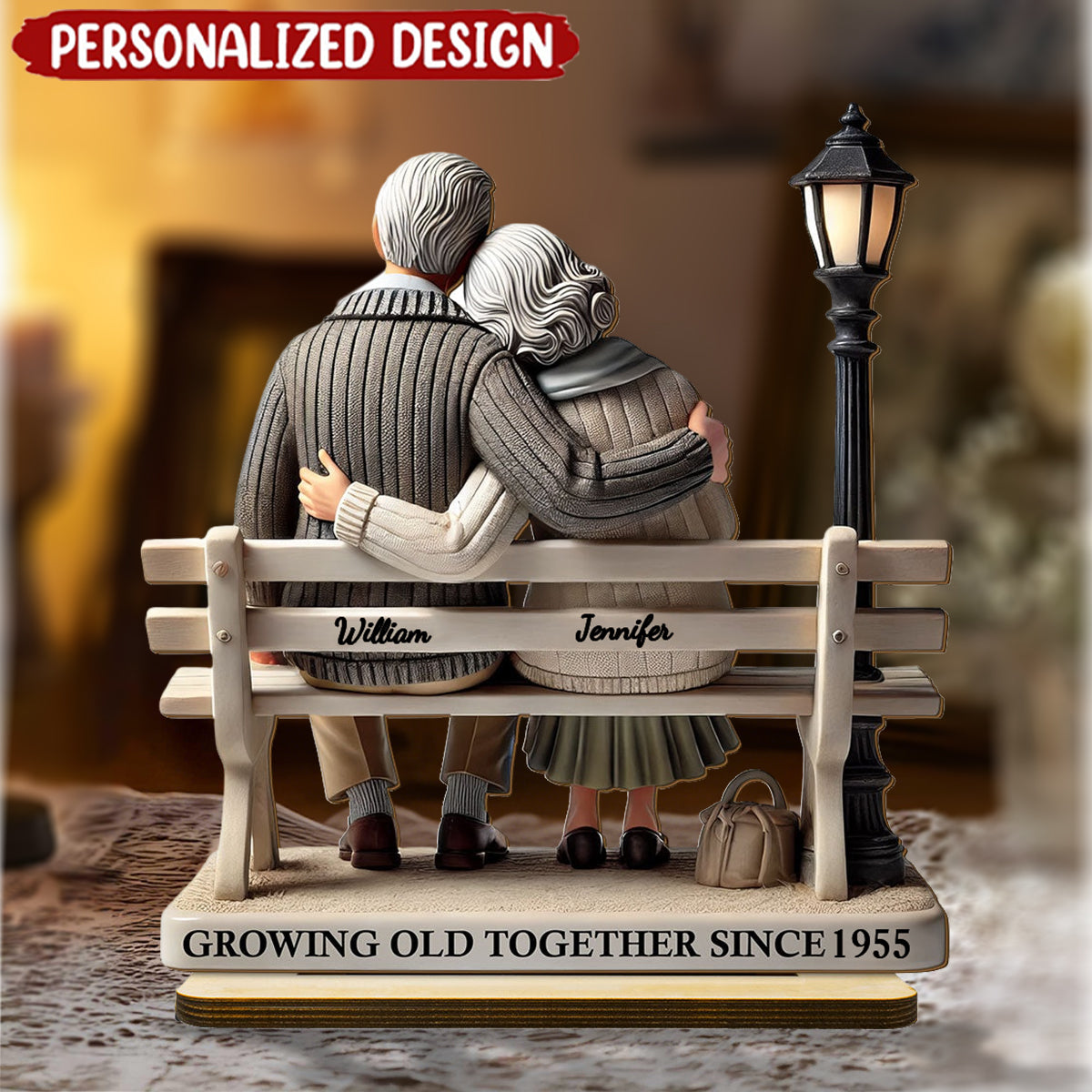 Old Couple Sitting On Bench At The Park Personalized Wooden Plaque Valentine's Day Gift Anniversary Gift Couple Gift